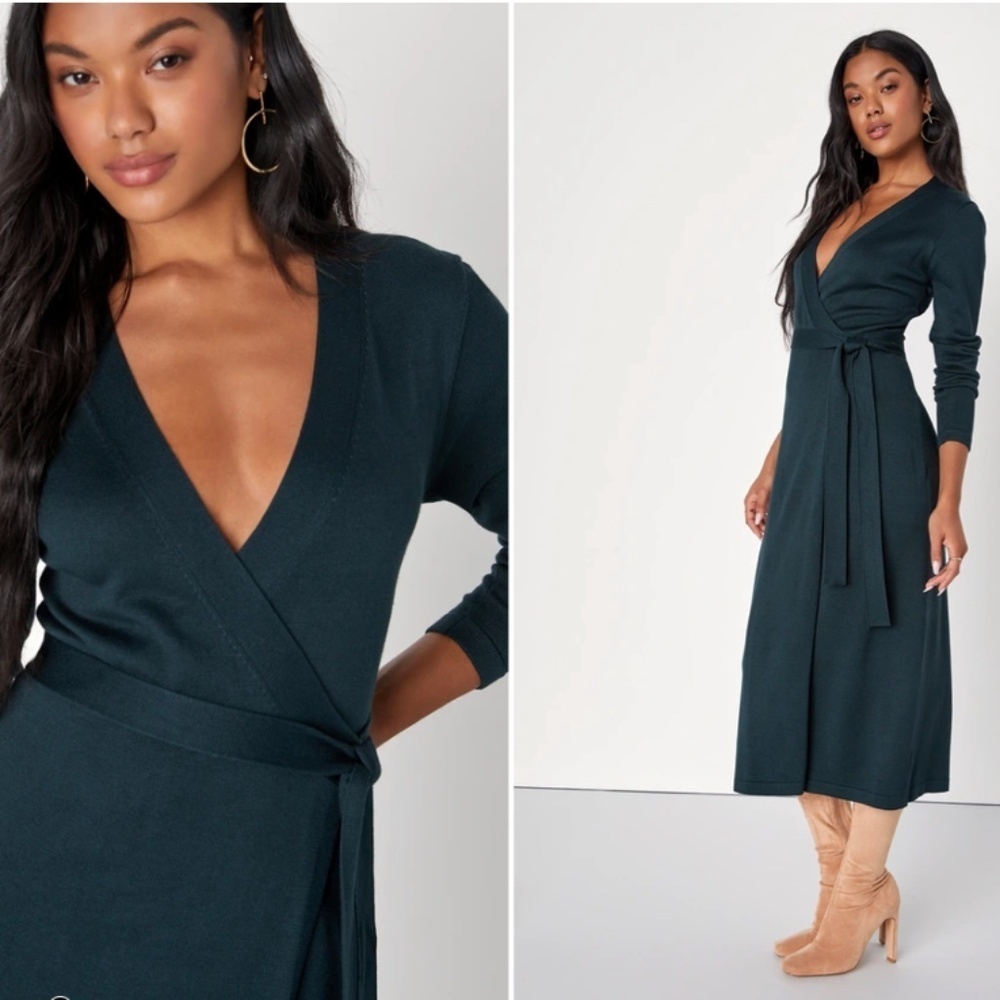 LULU's Chic Sexy Casual Ribbed Stretch Holiday Sweater Long Sleeve Wrap Midi